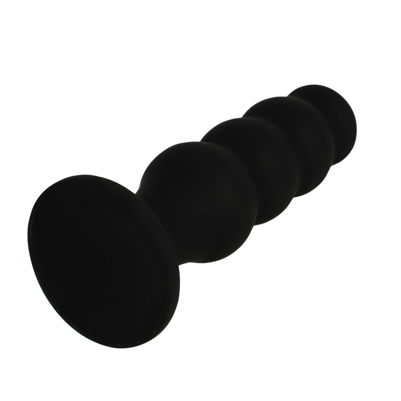 Black silicone anal plug with graduated design, featured in Black&Silver collection for all experience levels, soft touch finish.