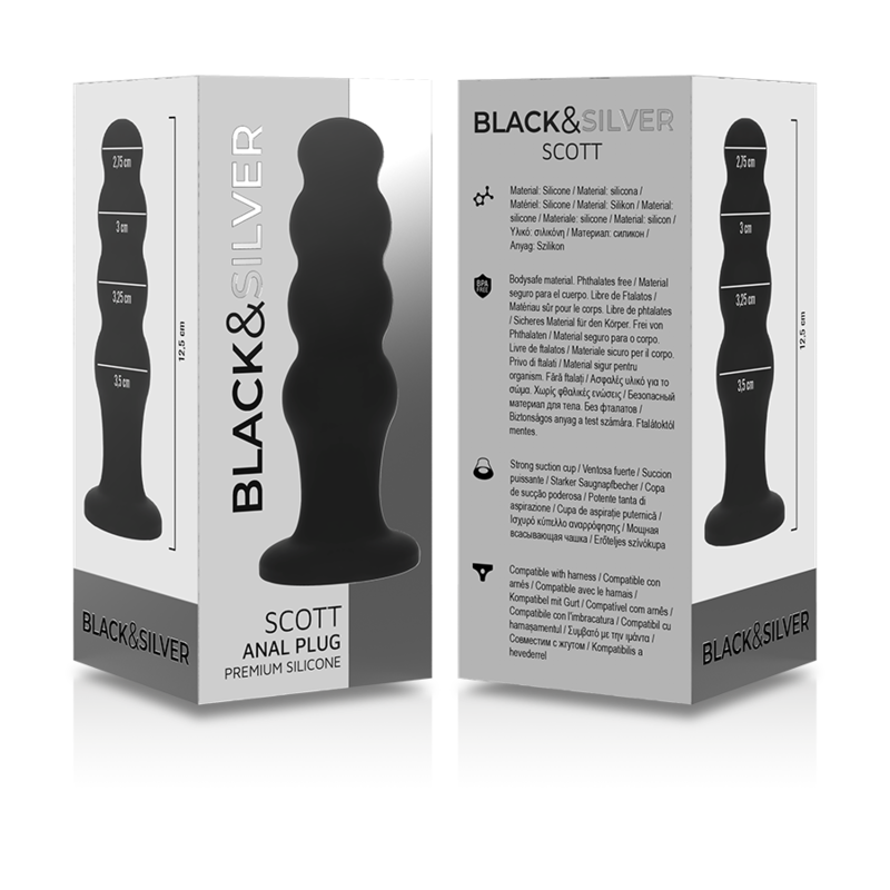 Black & Silver Scott premium silicone anal plug packaging showcasing product design and features for safe anal play.