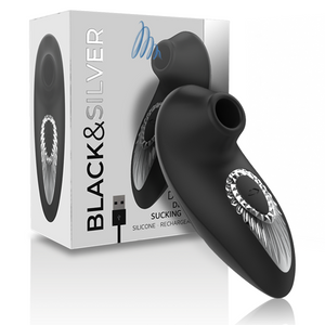 Black&Silver Drake Deluxe Silicone Sucking Vibe with rechargeable suction stimulator and ergonomic design in black.