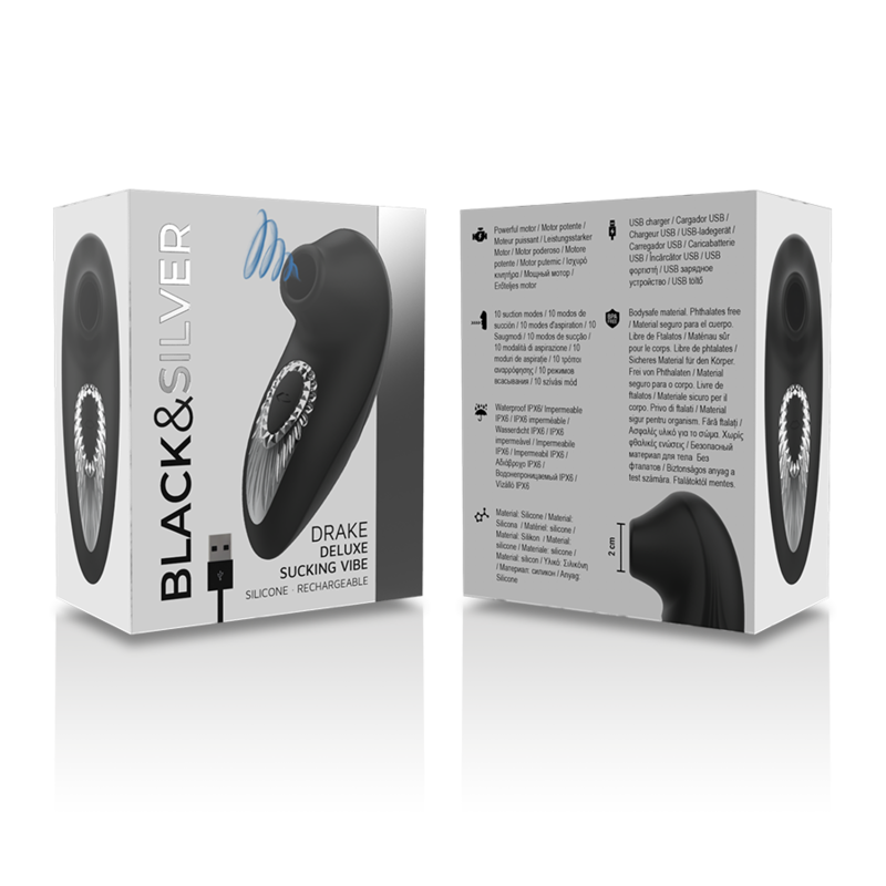 BLACK&SILVER Drake Deluxe Sucking Vibe Rechargeable Silicone Black in packaging, featuring clitoral suction stimulator.