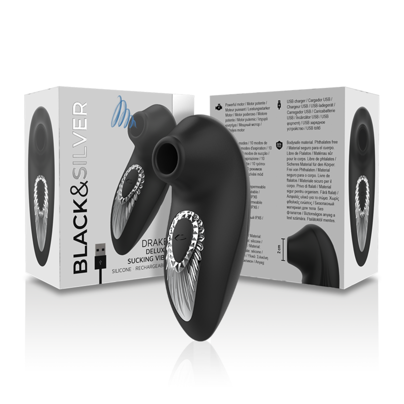 Black&Silver Drake Deluxe Sucking Vibe Rechargeable Silicone with packaging, ergonomic design for clitoral pleasure