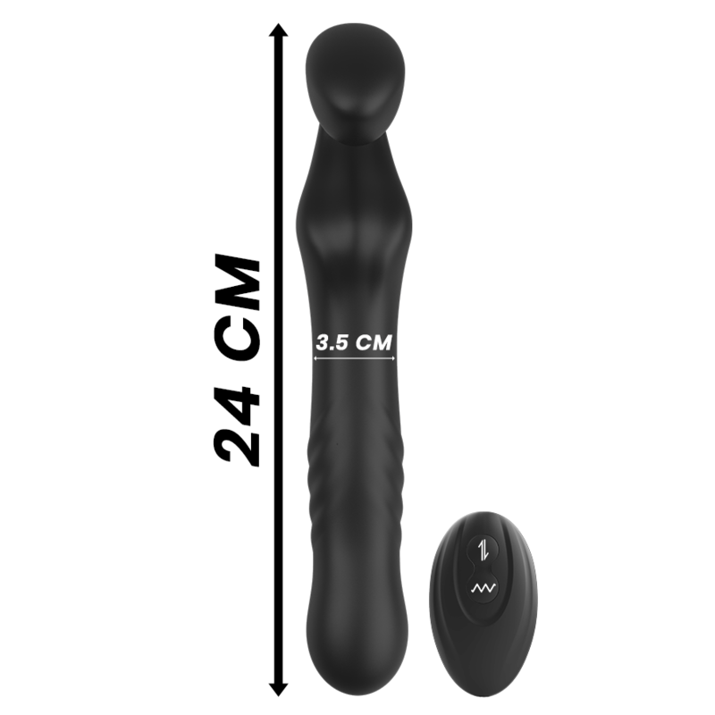 Black silicone remote control vibrator with 24 cm length and 3.5 cm diameter, featuring sleek design and remote control for adjustable modes.