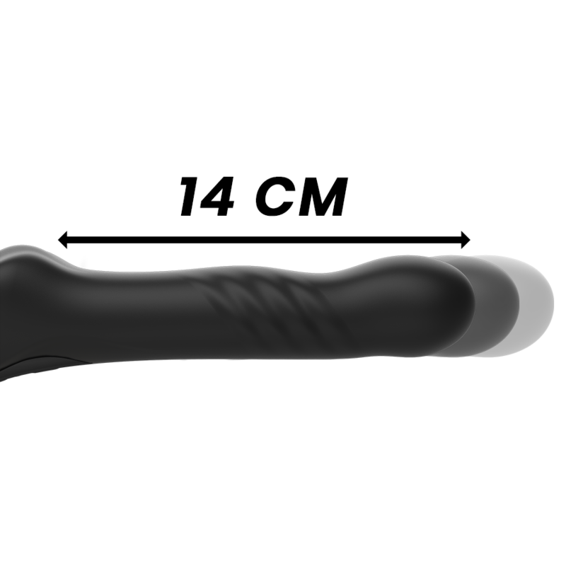 Black silicone strapless vibrator with 14 cm length indicator, featuring sleek design and remote control compatibility for enhanced pleasure.