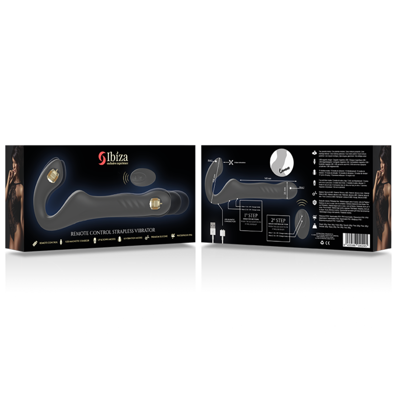 IBIZA remote control strapless vibrator packaging with sleek black and gold design, showcasing advanced vibration features and controls.