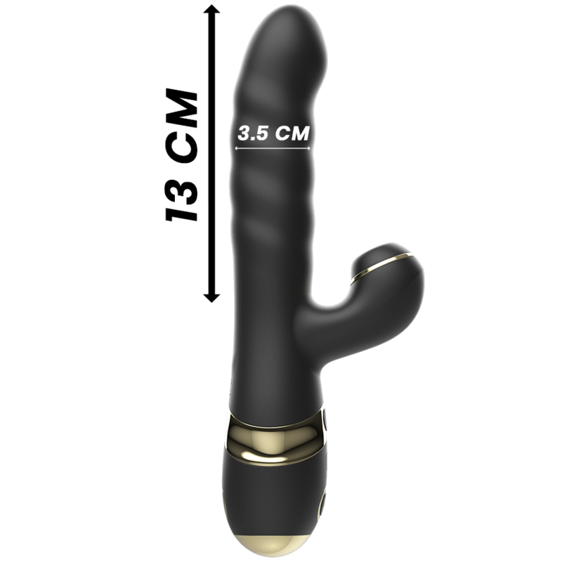 IBIZA suction extender vibrator with G-spot and clitoral stimulation, measures 13 cm in length and 3.5 cm in diameter, black and gold design.