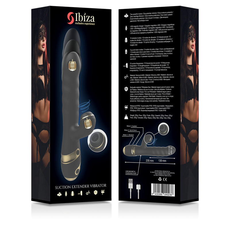 IBIZA Suction Extender Vibrator packaging showcasing features and design for G-spot and clitoral stimulation.