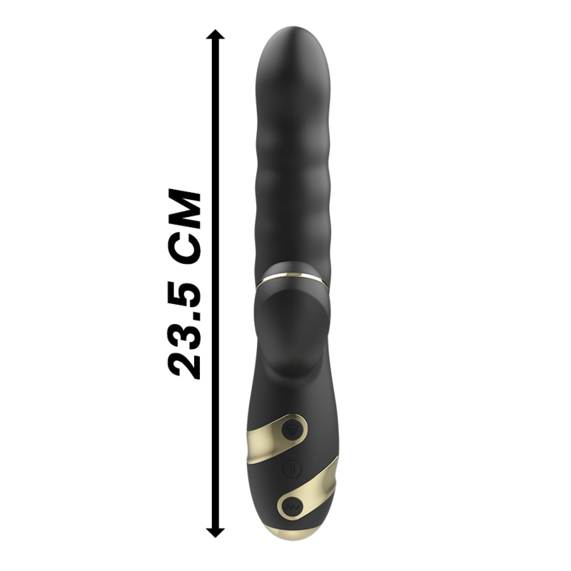 IBIZA suction extender vibrator with 23.5 cm length, featuring G-spot and clitoral stimulation design, black and gold color.