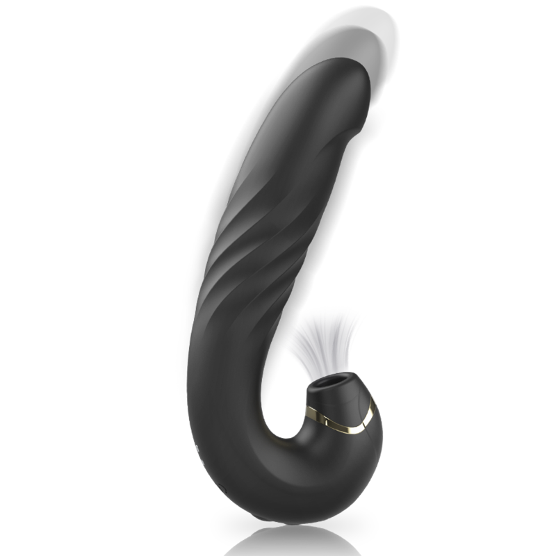 IBIZA Up&Down black silicone vibrator with clitoris sucker, featuring sonic waves and anatomical design for optimal stimulation.