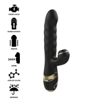 Black vibrator with clitoris sucker and suction features, showcases powerful motor, soft silicone, waterproof design, and vibration icons.