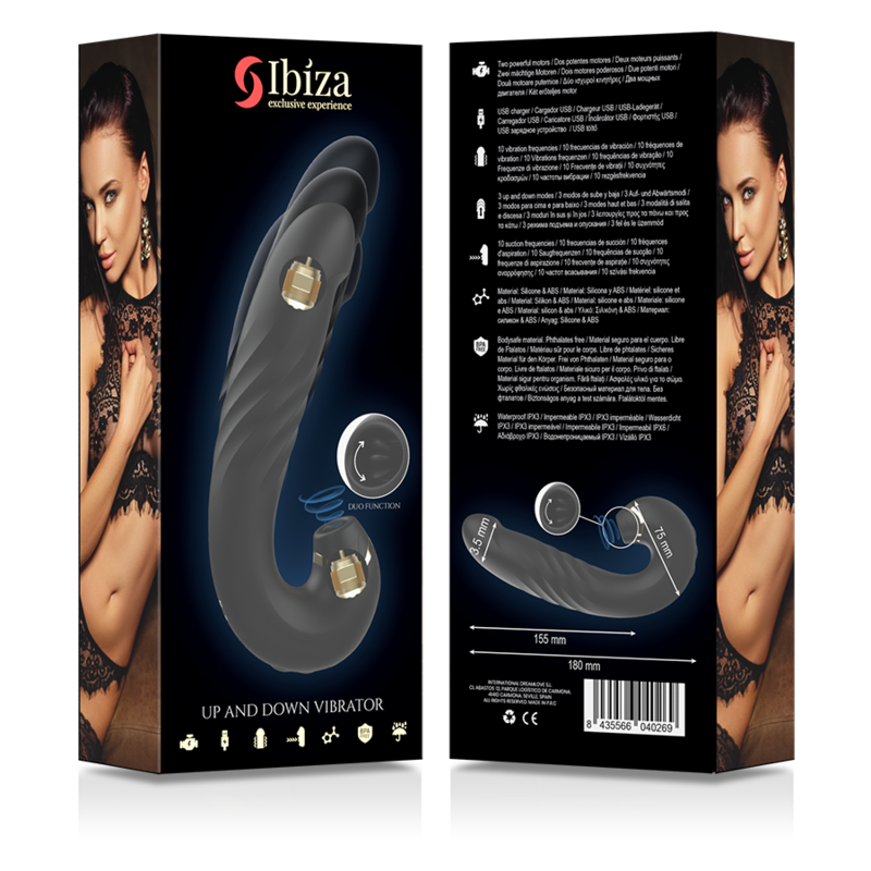 Packaging of Ibiza Up&Down Vibrator featuring clitoris sucker, showing product details and model image in black and gold design.