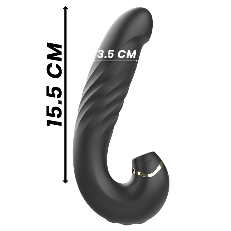 Black curvy vibrator with gold accent, 15.5 cm height, 3.5 cm width