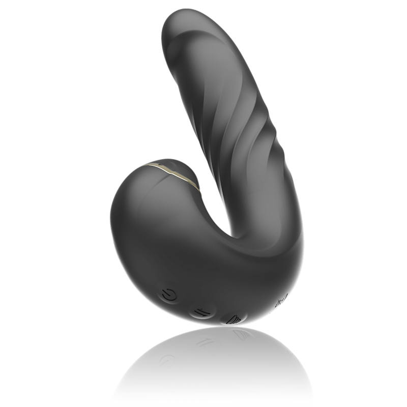 IBIZA Up&Down Vibrator with Clitoris Sucker, featured in sleek black design, offering sonic wave stimulation and ergonomic flexibility.