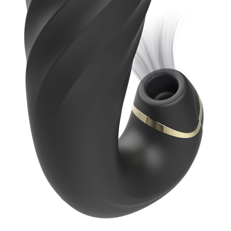Black Ibiza clip up & down vibrator with clitoris sucker featuring curved design for enhanced stimulation.