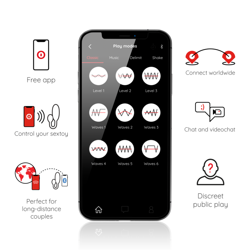 ONINDER vibrating egg control app interface with play modes, video chat, connect worldwide, discreet play features.