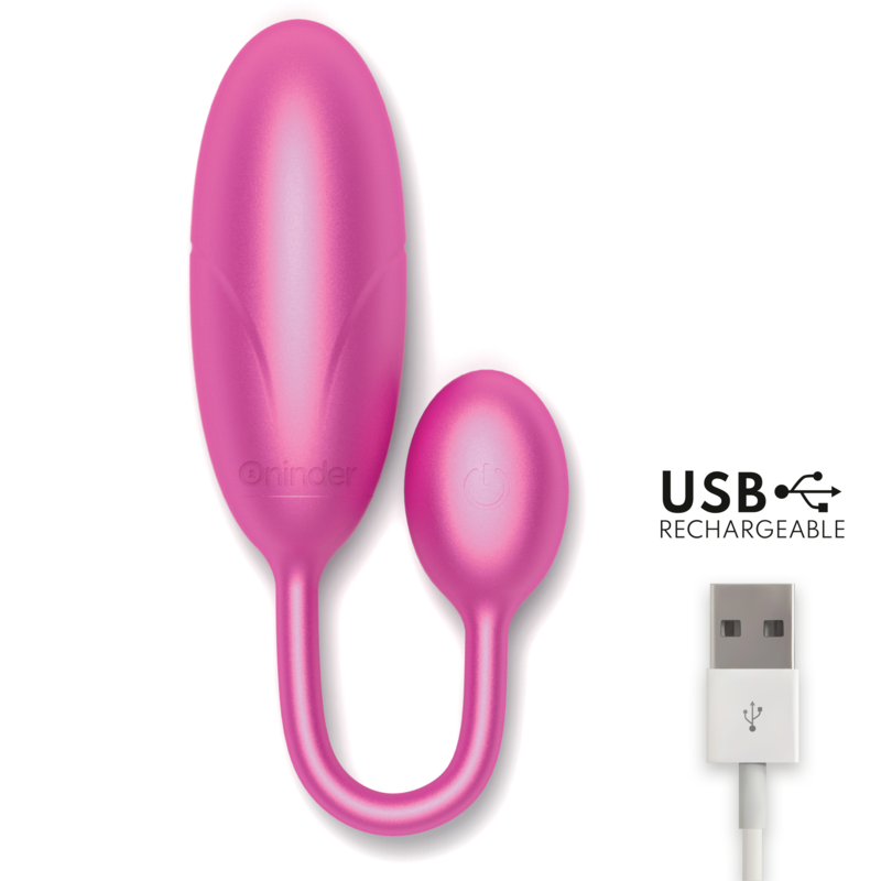 ONINDER Denver pink vibrating egg with USB charging cable, app-controlled for versatile pleasure.