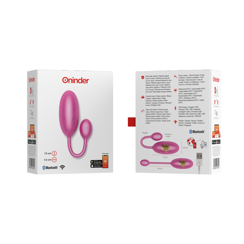 ONINDER TOKYO vibrating egg in pink with packaging, 7.5 x 3.2 cm, Bluetooth and app controlled for personalized pleasure.