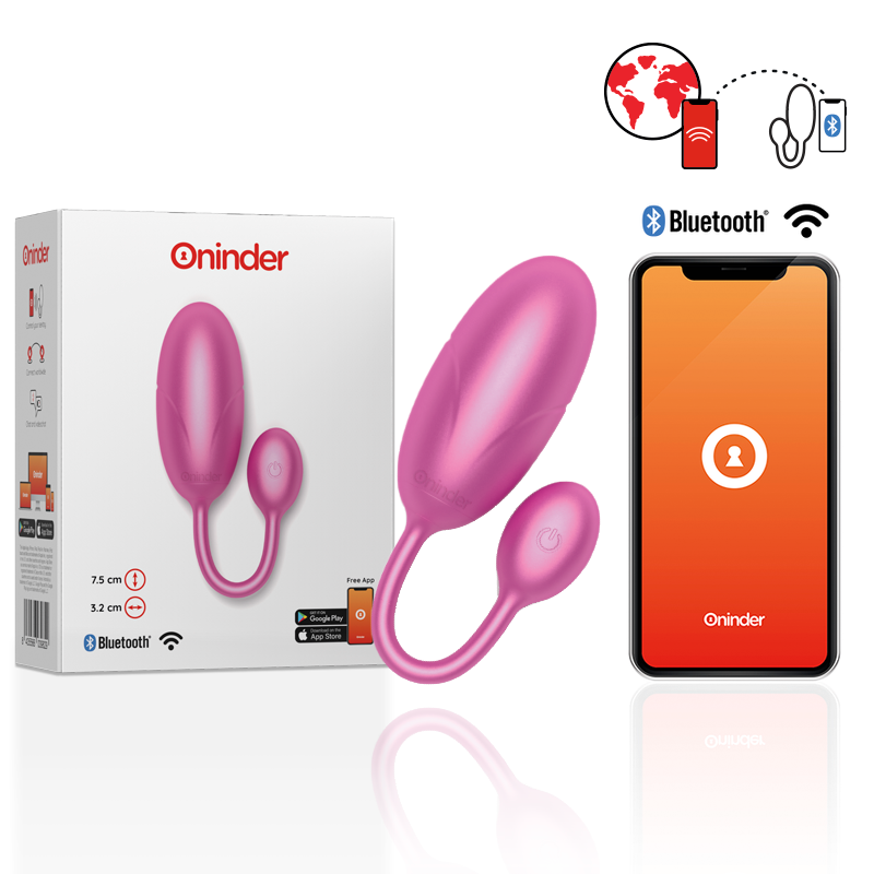ONINDER TOKYO pink vibrating egg 7.5x3.2cm with Bluetooth app control for couples, packaging and smartphone display.