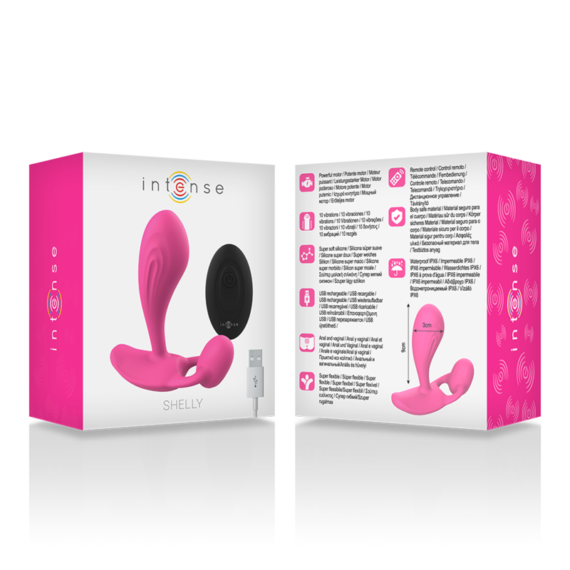 Intense Shelly pink anal plug with remote control, featuring powerful vibrations and stimulation, shown in packaging, unisex adult toy.
