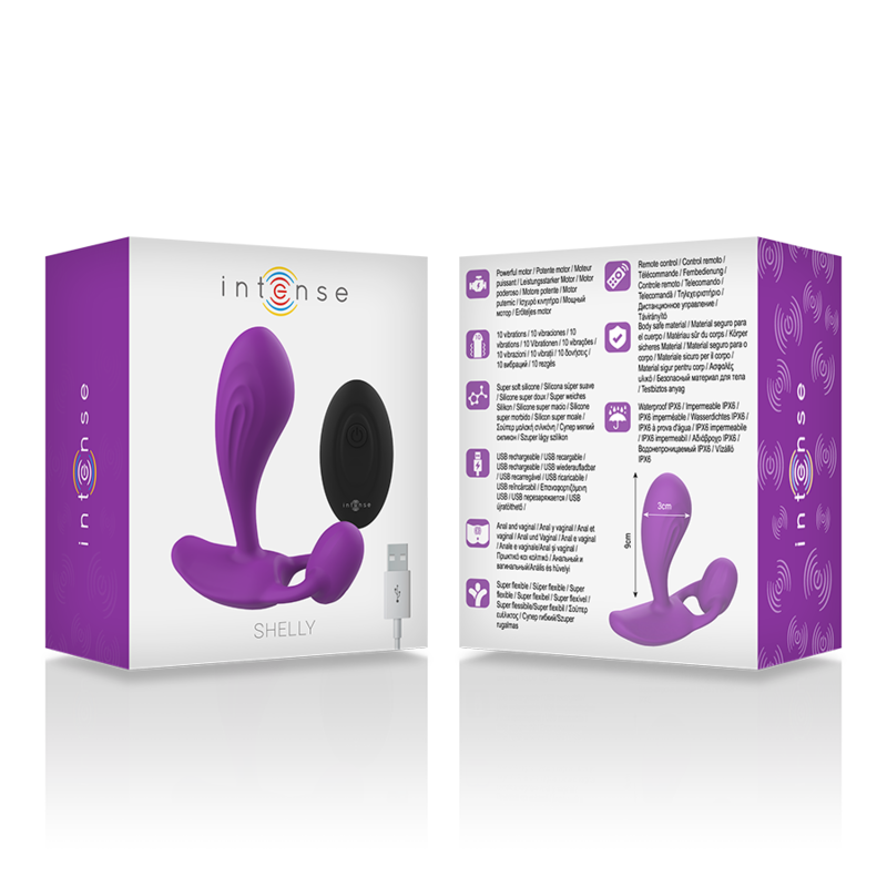 Purple Intense Shelly Plug Anal Remote Control packaging with product image and features highlighted.