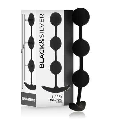 Black&Silver Harry Silicone Anal Rosary with 3 Spheres, 14 cm. Body-friendly and silky texture for beginners exploring anal play.
