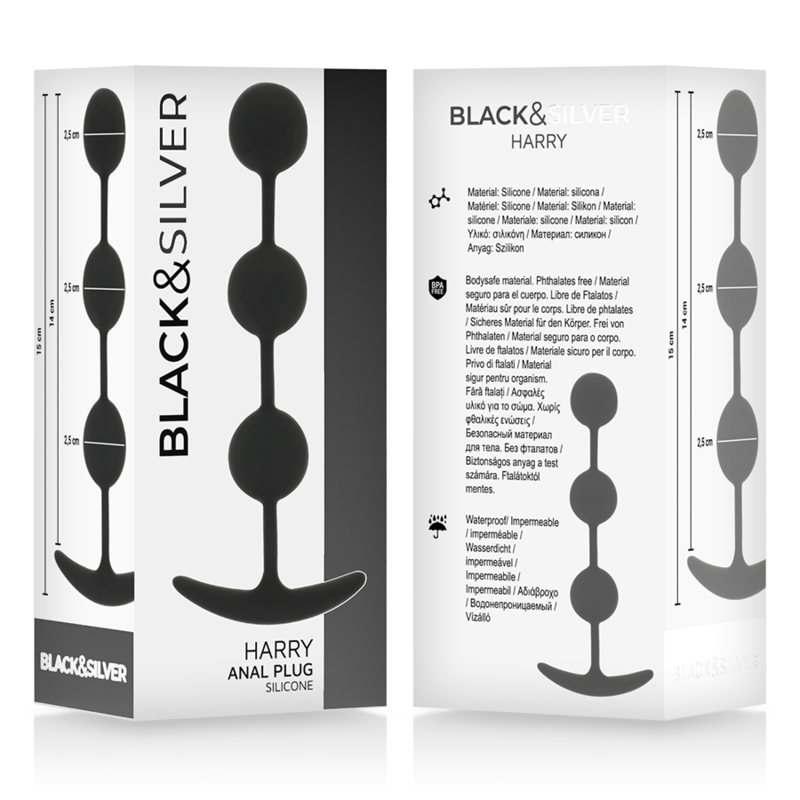 Packaging of Black&Silver Harry Anal Rosary Silicone Beads, 14 cm, designed for beginners with smooth, body-friendly material.