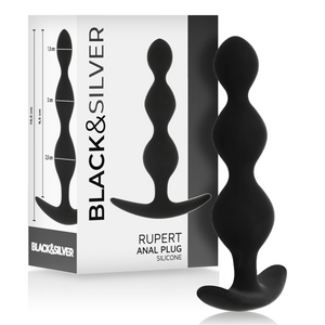Black&Silver Rupert Anal Ball Chain 10cm, smooth silicone graduated design for beginner to advanced anal play, black and silver packaging.