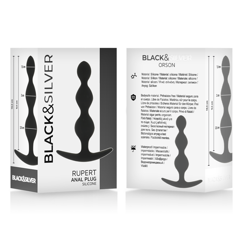 Black&Silver Rupert Anal Plug Chain, smooth graduated silicone design for beginners and advanced users, multipack view.