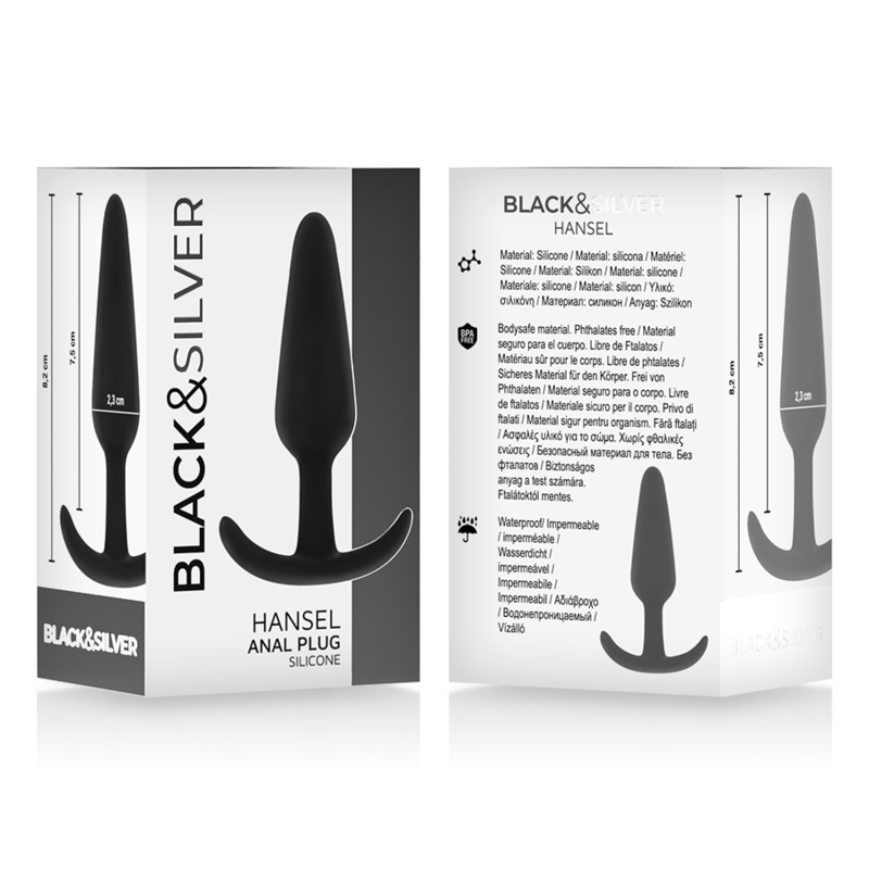 Black&Silver Hansel Silicone Anal Plug Packaging - Ideal for beginners and experts, featuring soft-touch flexible silicone material.
