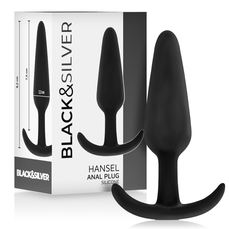 Black&Silver Hansel silicone anal plug with small handle, ideal for beginners and experts in anal play, shown with packaging.