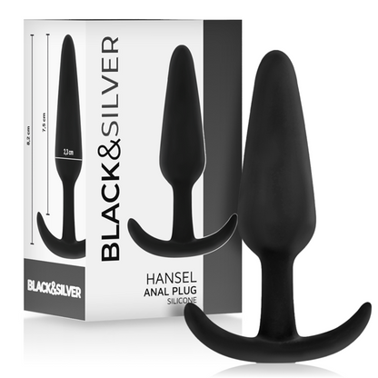 Black&Silver Hansel silicone anal plug with small handle, ideal for beginners and experts in anal play, shown with packaging.