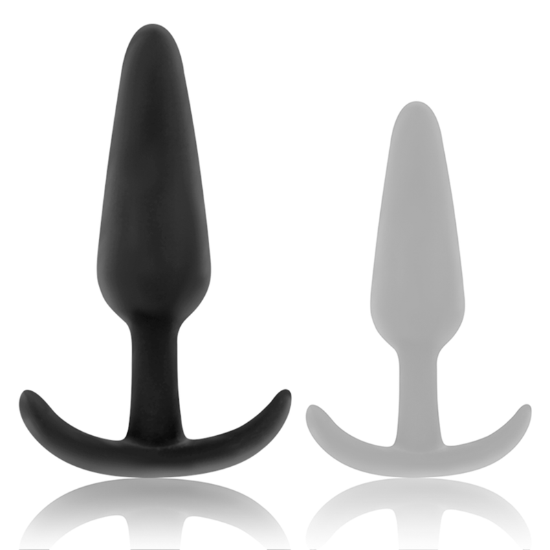 Black and silver silicone anal plugs with medium handles for beginners and experts, featuring a smooth texture and ergonomic design.