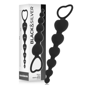 BLACK&SILVER Mila Anal Chain of Hearts 18 cm with silky black beads for beginner and advanced pleasure.