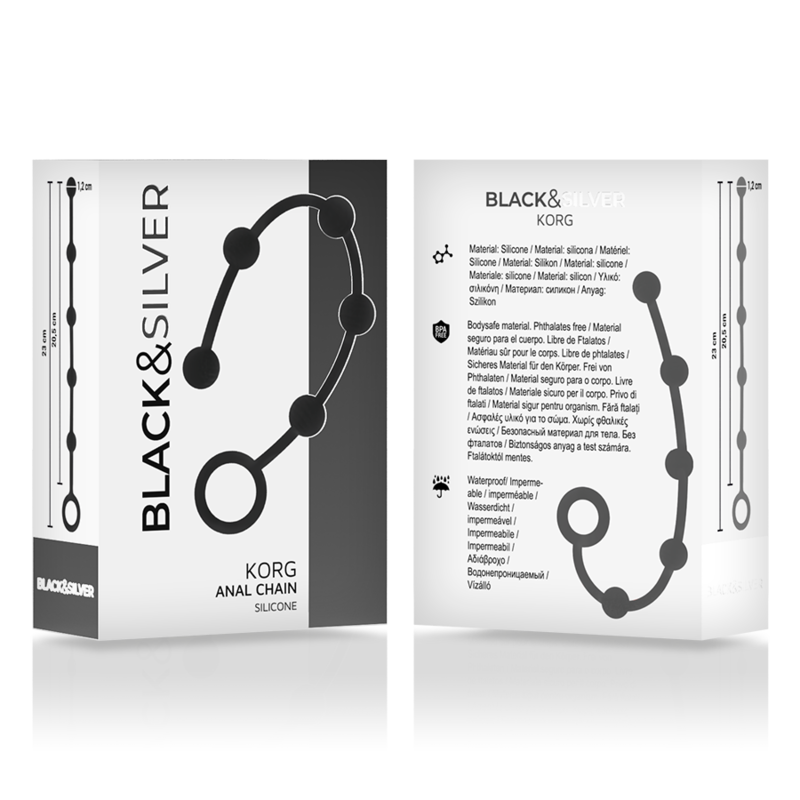 BLACK&SILVER Korg Anal Chain Silicone packaging showing product features and dimensions.