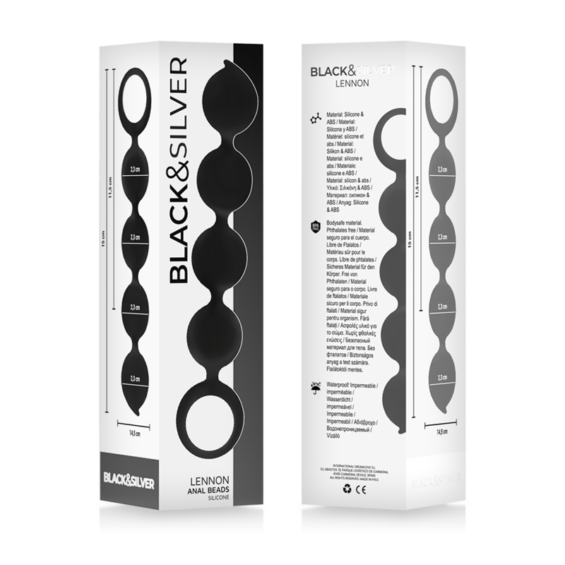 Black&Silver Lennon Anal Rosary 4 Silicone Spheres, 15 cm packaging with smooth graduated design for pleasure.