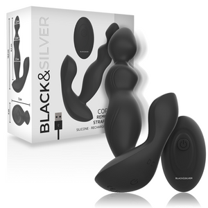 Black&Silver Cora silicone anal plug with remote control in packaging, offering intense vibrations and ergonomic design for anal play.