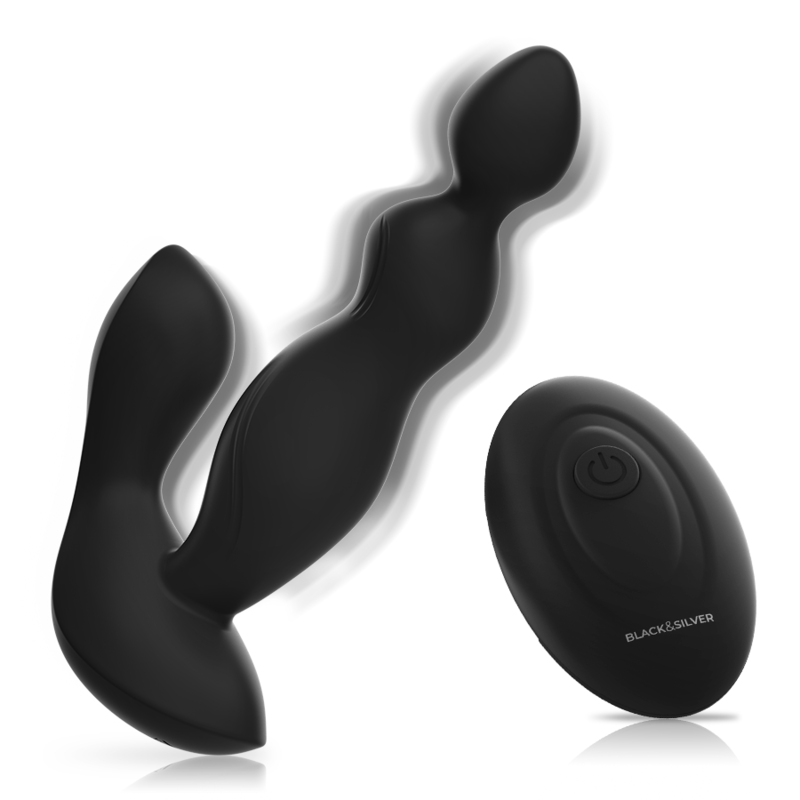 Black&Silver Cora silicone anal plug with remote control for intense vibrations and stimulation, ergonomic design for unisex use.