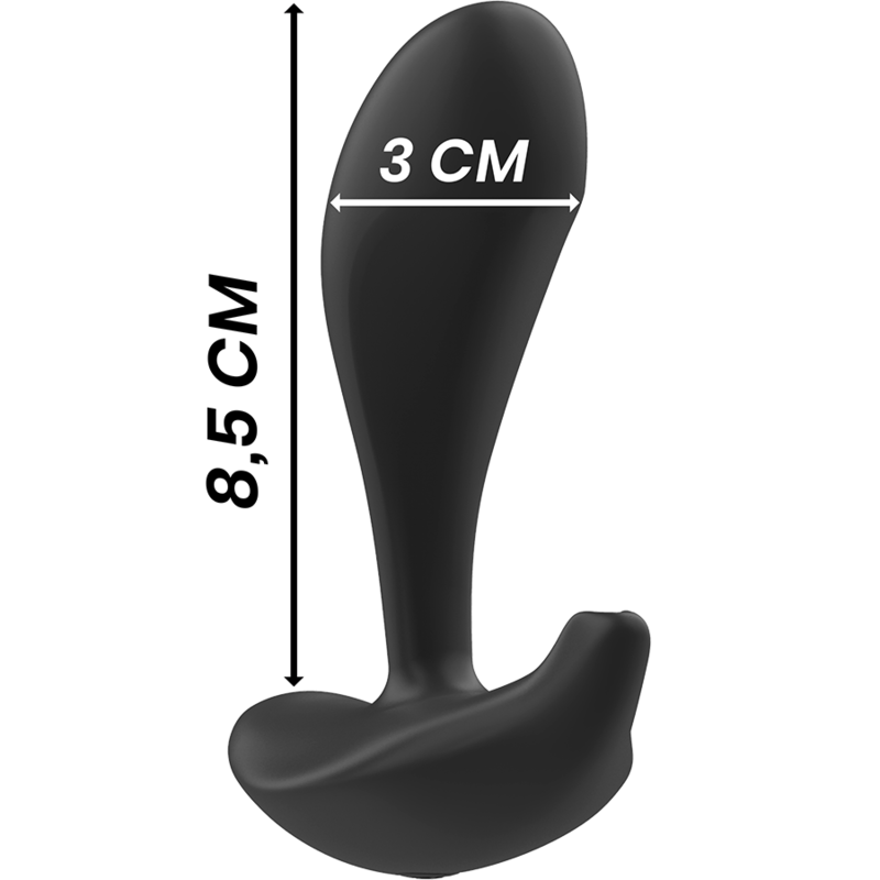 Black&Silver Dwayne silicone anal plug with dimensions: 8.5cm length, 3cm width. Vibrating unisex design with remote control.
