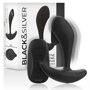 Black&Silver Dwayne anal plug silicone remote control for intense vibrations and versatile use, unisex design.