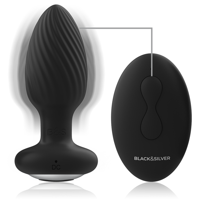 Black&Silver Wells Plug Silicone Anal Rotator with Remote Control, featuring body-friendly soft silicone and a safe wide base.
