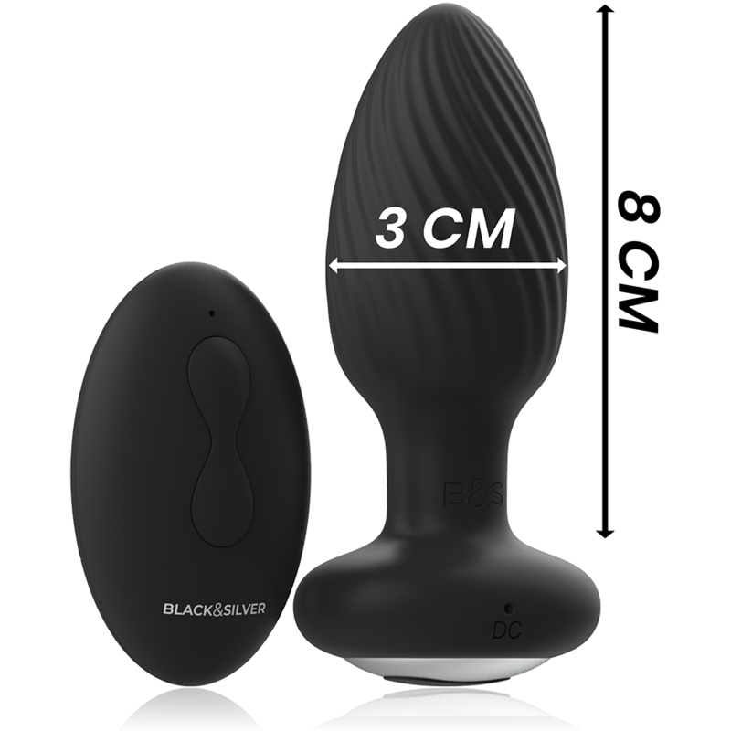 Black&Silver Wells Plug Silicone Anal Rotator with Remote Control, featuring body-friendly silicone and a wide base for safe use.