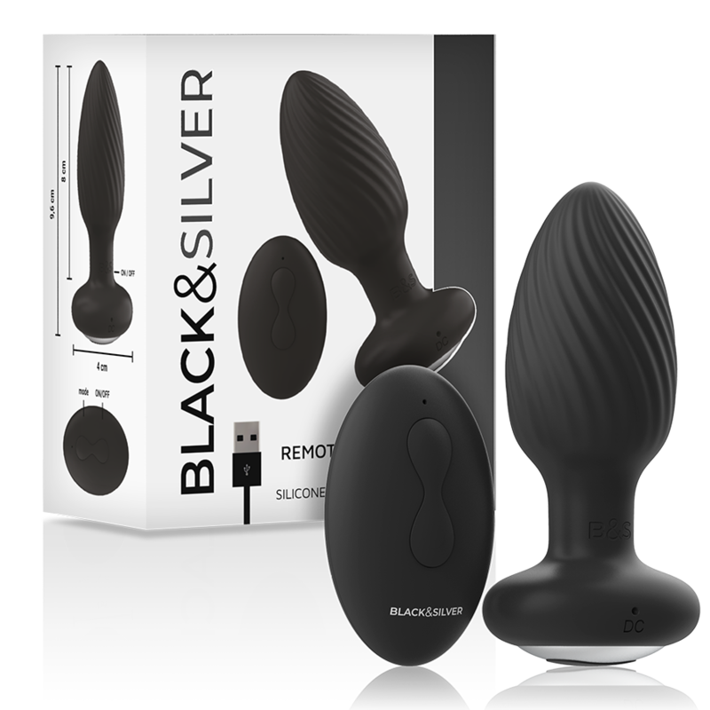 Alt Tag: Black&Silver Wells Silicone Anal Rotator with Remote Control, body-friendly and safety base, packaging shown