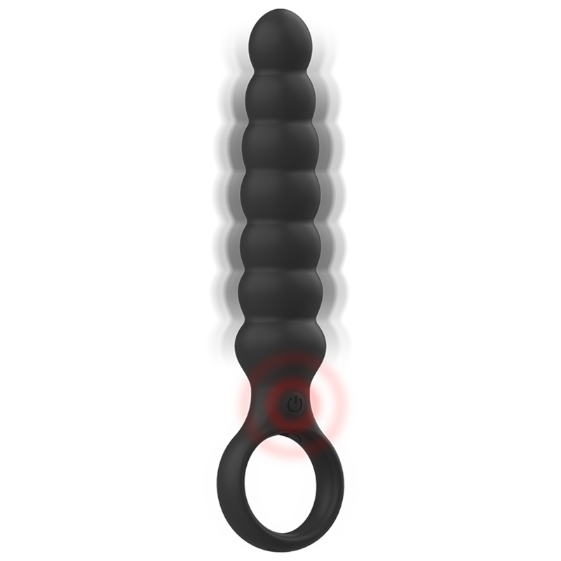 Black silicone anal dilator with ergonomic shape and vibration system for easy insertion and comfort.