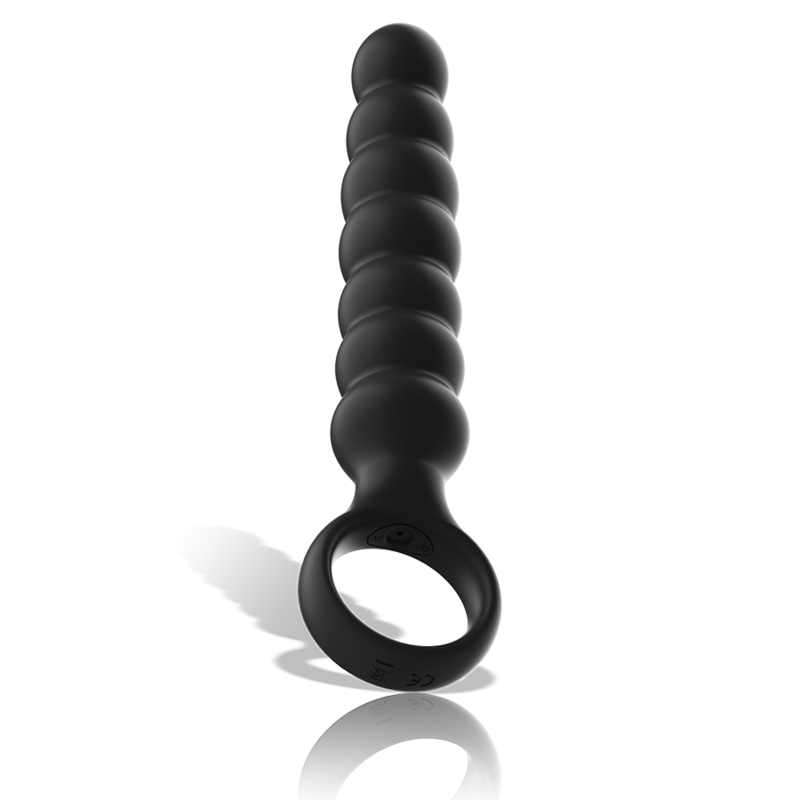 Black silicone anal dilator with ergonomic design and vibration system, featuring a spongy texture. Ideal for personal comfort.