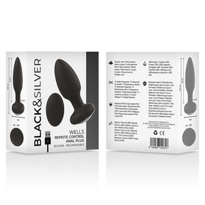 Black & Silver Wells Plug Silicone Anal Rotator with Remote Control Packaging