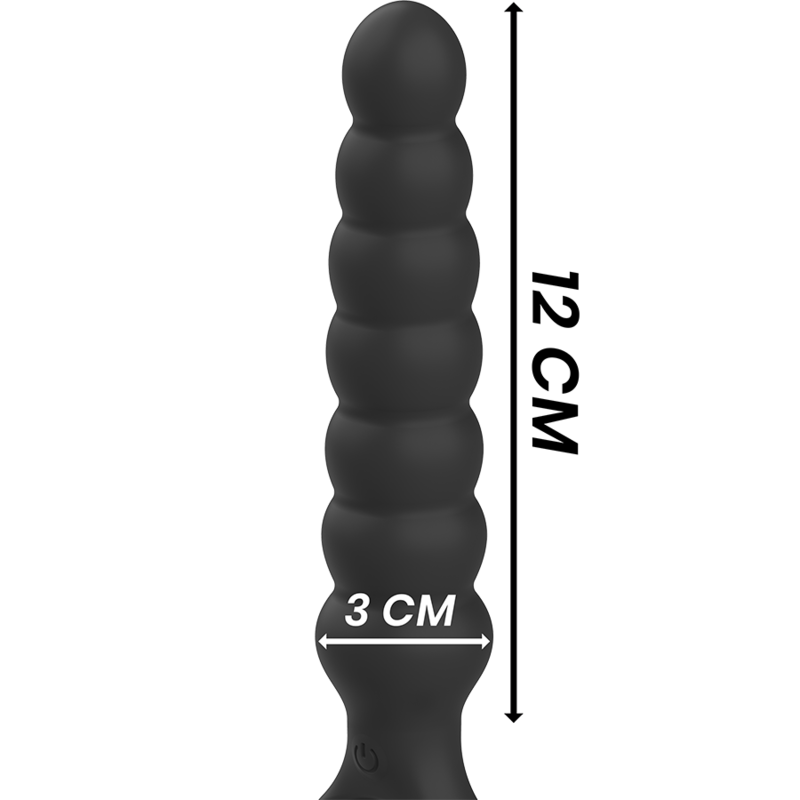 Black silicone anal dilator with 12 cm length and 3 cm width, featuring ergonomic design and soft, spongy texture for comfortable use.