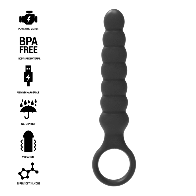 Black silicone anal dilator with ergonomic design, vibration, BPA free, USB rechargeable, and waterproof features.