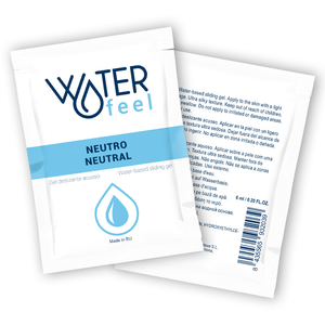 Waterfeel neutral water-based sliding gel packets with product labeling.