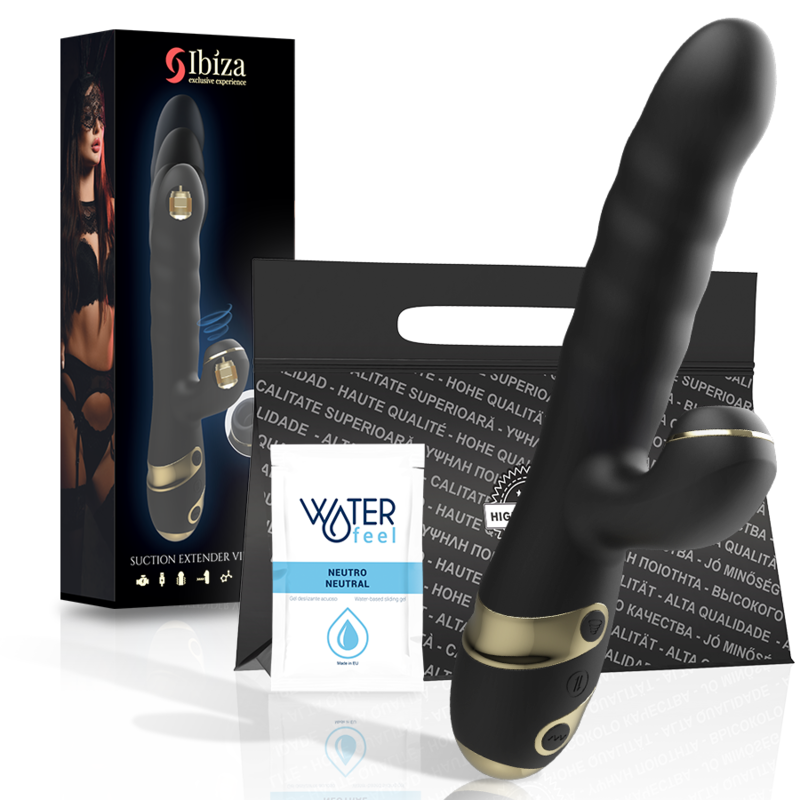 IBIZA Suction Extender Vibrator with packaging, featuring G-spot and clitoral stimulator, displayed with Waterfeel neutral gel.