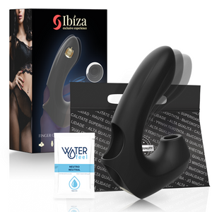 IBIZA - THIMBLE SUCKING VIBRATOR, black design, with packaging and lubricant sachet for clit stimulation and pleasure