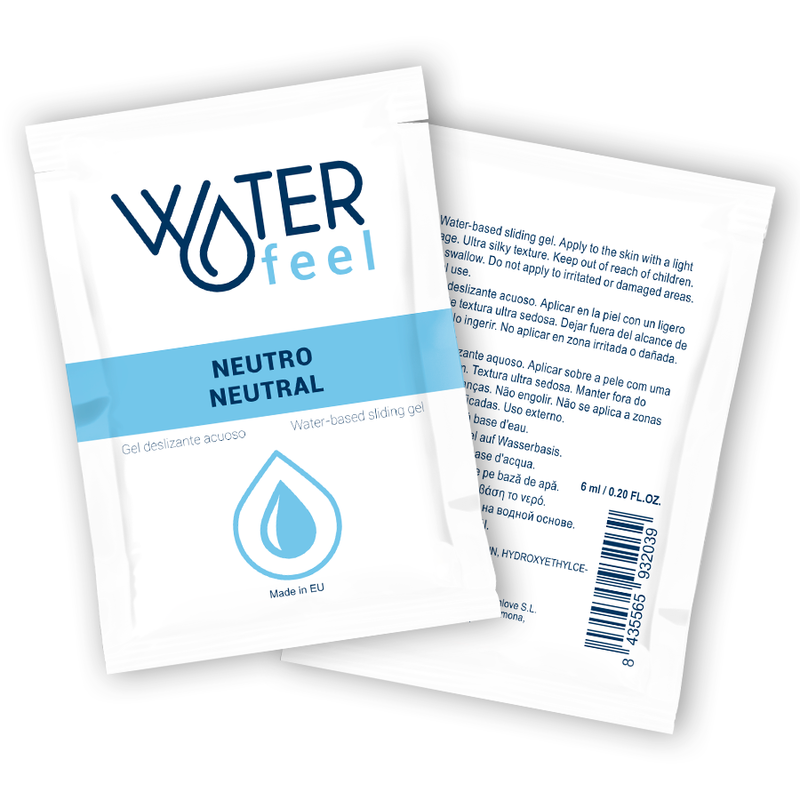 Waterfeel Neutro Neutral water-based sliding gel sachets with product description and logo.